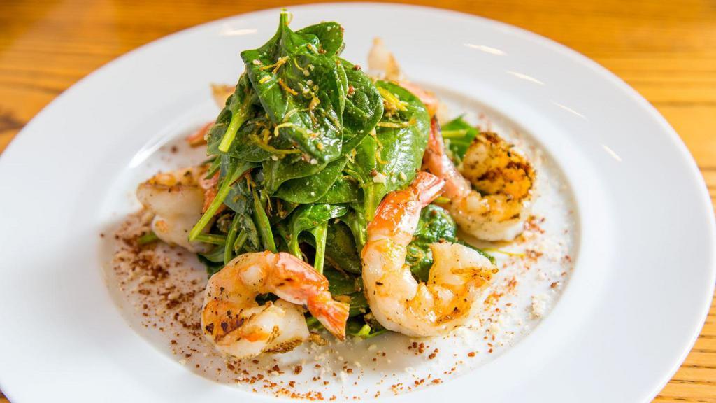 Baby Spinach Salad With Grilled Shrimp · Baby spinach salad served with grilled shrimp tossed with yuzu olive oil, parmesan cheesse, red bell pepper, and crispy yuba (tofu skin).