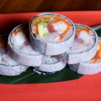 House Special Roll · Tuna, salmon, yellowtail, white fish, snow crab, avocado, masago, and scallions, wrapped in ...