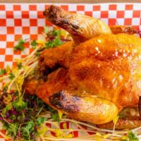 Whole Roasted Or Fried Hen Dinner · 24 - 48 hour brined free-range Cornish hen served with four sides of your choice.