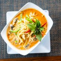 Red Curry  (Gang Gai) · Choice of meat in Thai red curry with coconut milk, bamboo shoots, bell peppers, basil leave...