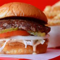 Smashburger · Smash Burger patty with smash sauce, shredded lettuce, tomato, onion and pickles on a toaste...