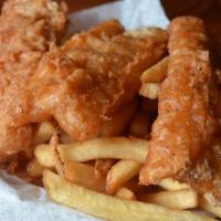 Fish & Chips · Beer Battered Cod, House Made Fries, Lemon Caper Tartar Sauce.