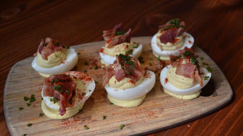 Deviled Eggs · Dill, Pickled Mustard Seed, Bacon, Paprika, Chives.