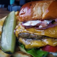 The Burger · Beef Double Patty, Cheddar, Sweet Potato Bun, Butter Lettuce, Tomato, Grilled Red Onion, Roa...