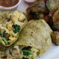 Breakfast Burrito · Scrambled eggs, chicken-apple sausage, avocado, kale, monterey jack, spinach & herb tortilla...