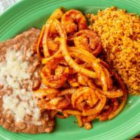 Camarones · Served with rice, beans and tortillas your choice of: La Diabla: Very spicy, Al Mojo de Ajo:...