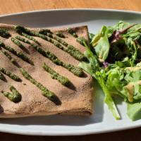 Fit Crepe · Made with scrambled egg white, tomato, mushroom, spinach, asparagus topped with basil pesto.