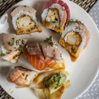 Rainbow Maki · Tempura shrimp, spicy tuna, snow crab, hamachi, salmon, ebi, and maguro.