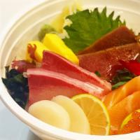 Chirashi Bowl · Variety Fresh Classic Fish over Sushi Rice serve with small House salad (Tuna/Salmon/Yellowt...