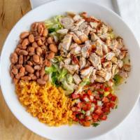 Chicken Bowl · Rice, pinto beans, spring mix bed, pico de gallo, salsa, guacamole.