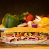 Grab & Go Sub · Mortadella, cotto salami, provolone cheese, lettuce, tomatoes, onions, pepperoncinis, oils &...