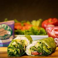 Turkey & Avocado Wrap (Low Cal) · Sliced turkey breast, mixed greens, tomatoes, avocado, cucumbers, sprouts, pickles, with a n...