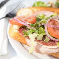 Italian Superstar Sandwich  · Smoked ham, salami, prosciutto, provolone, lettuce, onion, tomato and vinaigrette.