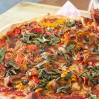 Bright Flame Veggie Thin Crust Pizza · Fire-roasted red peppers, sweet onions, roasted garlic, chipotle pepper spiked tomato sauce ...