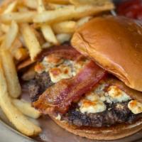Black & Blue Burger · Blue cheese crumbles, caramelized onions, smoked bacon, and garlic aioli
