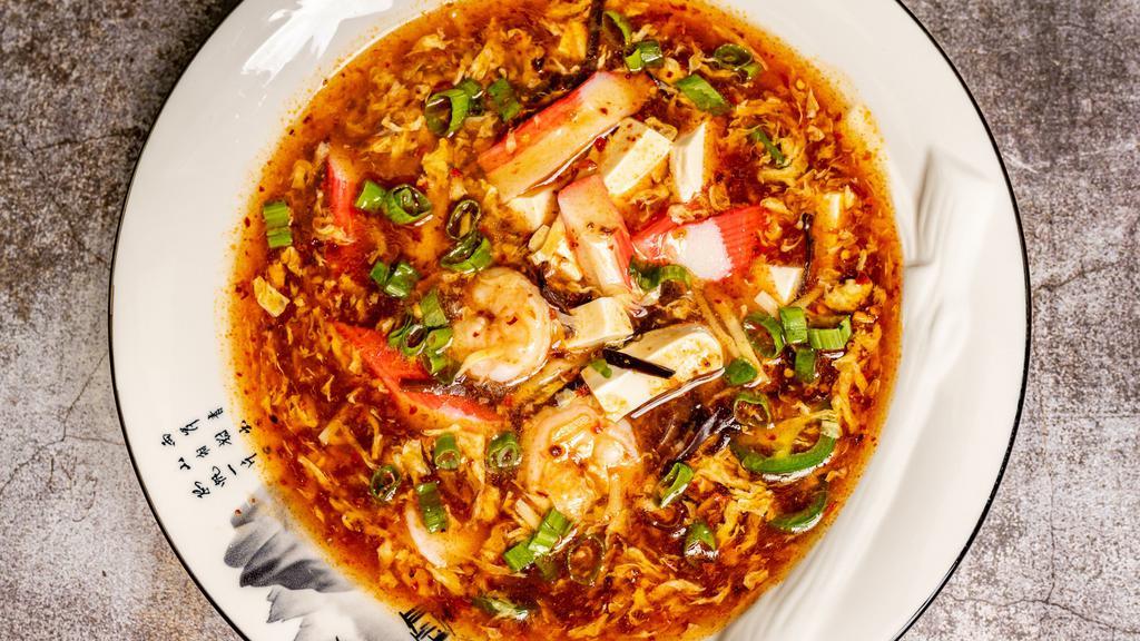 Hot & Sour Soup · Shrimp, imitation crab, egg, bamboo shoot, tofu.
