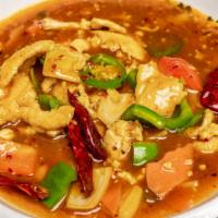 Curry Chicken · Sliced white meat chicken with carrots, diced bell pepper and onions stir-fried in a yellow ...