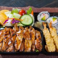 Chicken Bento · Served with Rice, Salad, Shrimp Tempura, Gyoza, CA Roll & Miso Soup