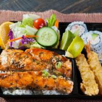 Salmon Bento · Served with Rice, Salad, Shrimp Tempura, Gyoza, CA Roll & Miso Soup