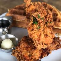 Fried Chicken & Waffle · herb buttermilk brined chicken, belgian waffle, vanilla butter, maple syrup