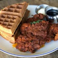 Hot Chicken & Waffle · nashville hot chicken, belgian waffle, vanilla butter, maple syrup