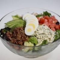 Cobb Salad · Chopped romaine and spring mix, cherry tomatoes, crisp bacon, sliced hard-boiled egg, avocad...