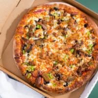 Deluxe Pizza · This pizza is loaded with all type of meats and all vegetables toppings, Jalapenos, Pineaple...