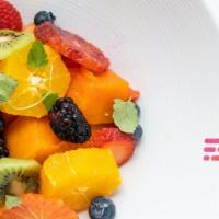 Fyj Fruit Bowl · Fresh seasonal fruit with mixed berries, homemade peanut butter granola, and your choice of ...