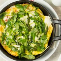 Power Frittata · Open-faced omelet with sliced potatoes, asparagus, roasted peppers, tomato, mozzarella, and ...