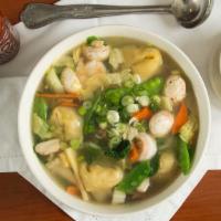 House Wor Wonton Soup · Served with some vegetables, chicken, beef, shrimp and pork wontons.