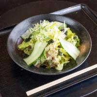 Manpuku Salad まんぷくサラダ · Green leaf, Wakame seaweed, Cucumber and Green onion with sesame oil dressing
