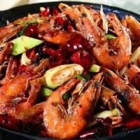 Sichuan-Style Spicy Prawns · Six prawns/crispy rice/sliced pepper/dry chili