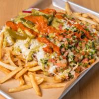 Asada Fries · Bed of French fries, steak, whole beans, melted nacho cheese, onion, cilantro, salsa and que...