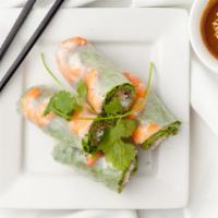 Fresh Spring Rolls (2 Rolls)  -  Gỏi Cuốn Tôm Thịt · Poached shrimp & pork with noodles, bean sprouts, fresh mint, & lettuce served with house sp...
