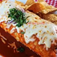 Wet Burrito  · Choice of meat, rice, beans, red sauce on top, avocado, sour cream and pico de gallo.