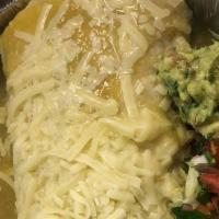 Wet Burrito Suizo · Choice of meat, rice, beans, mild green sauce on top, Jack cheese, avocado, sour cream and p...