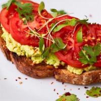 Avocado Toast  · Mash avocado, tomato, sprouts, feta cheeses, olive oil, salt and black pepper in sour dough ...