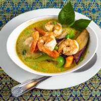 Green Curry* · With Asian eggplant, peas, and sweet basil.