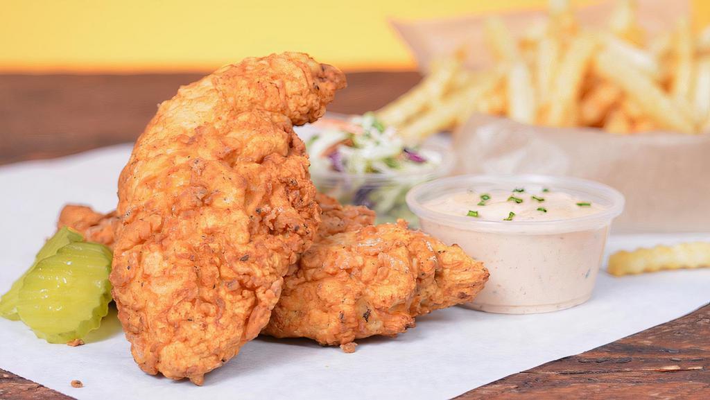 2 Tendies Tenders · Two pieces of Tendies’ famous jumbo, buttermilk herb marinated, double hand-breaded chicken tenders with tangy coleslaw, pickles and choice of sauce or seasoning.