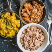 Stew & Curry Chicken Combo Plates · Stew Chicken & Curry Chicken Served with Rice and Peas, Sauteed Cabbage & Sweet Fried Planta...