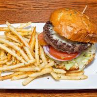 El Primo Famous Burger Combo · Grilled onions, cheese, bacon, lettuce, pickles, dressing, and tomato served with French fri...