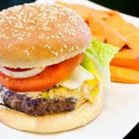 Classic Cheese Burger With Fries · 100% Angus beef, lettuce, cheddar cheese, tomatoes, onions and pickles.