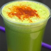 The Incredible Hulk Juice · Cucumber, apples, celery, orange, lemon, spinach, ginger and cayenne.