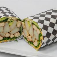 Vegan Chicken Burrito · Vegan chicken, white rice, avocado, and spinach.