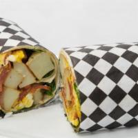 Breakfast Burrito · Served with eggs, potatoes, spinach, cheese and turkey bacon.