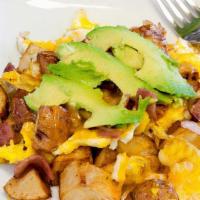 Muscle Scramble Meal Breakfast · Two eggs, turkey bacon, potatoes, cheese, and avocado.