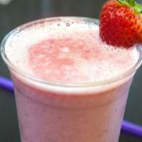 Creamy Strawberry Protein Shake · Your choice of protein, banana, strawberries, and almond milk.