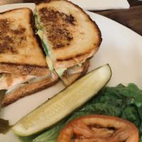 Beverly Hills Sandwich · Grilled chicken breast, jack cheese, avocado, caramelized onion, Ortega chili on grilled sou...