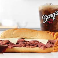 French Dip & Swiss Meal · Thinly sliced roast beef with melted swiss cheese on a toasted sub roll. Served with au jus ...
