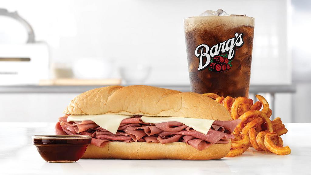 French Dip & Swiss Meal · Thinly sliced roast beef with melted swiss cheese on a toasted sub roll. Served with au jus for dipping. Visit arbys.com for nutritional and allergen information.